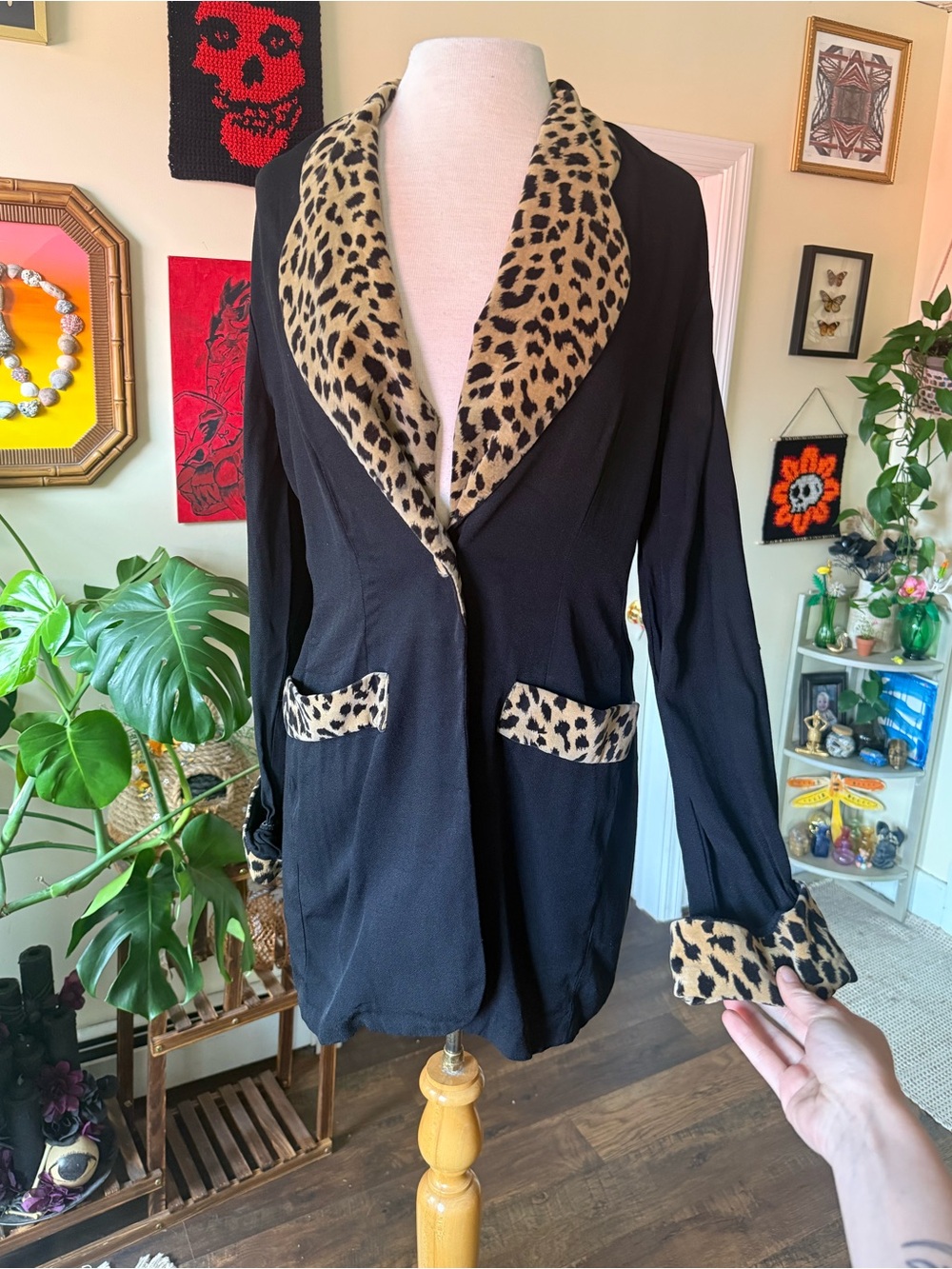 Vintage Retro Goth Black Jacket with Leopard Trim Details